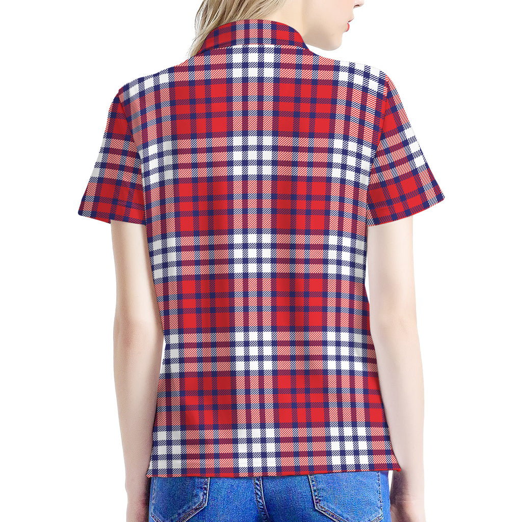 Blue Red And White USA Plaid Print Women's Polo Shirt