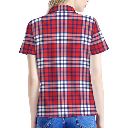 Blue Red And White USA Plaid Print Women's Polo Shirt