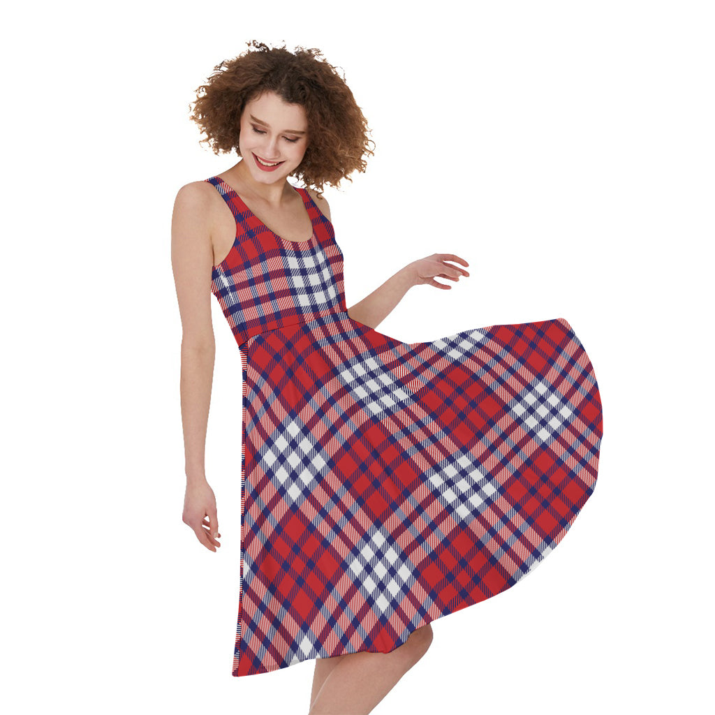 Blue Red And White USA Plaid Print Women's Sleeveless Dress