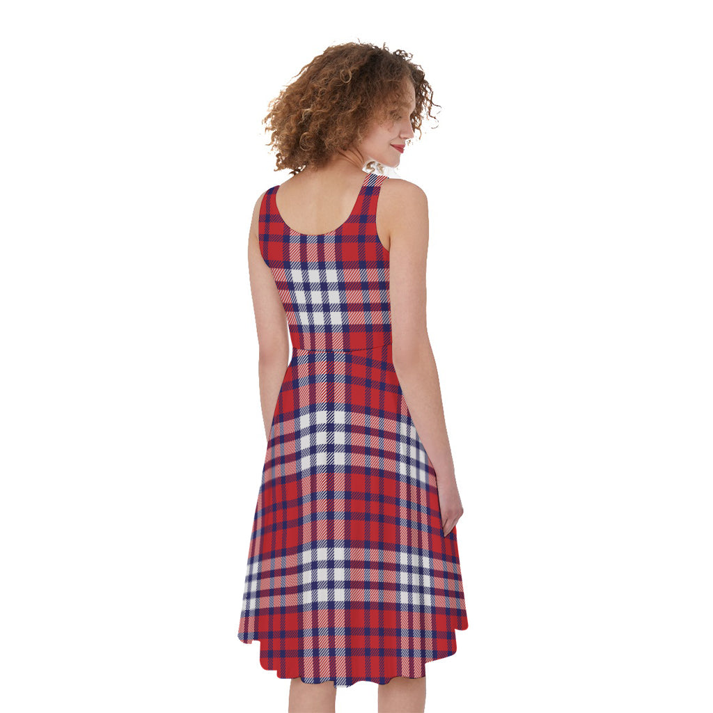 Blue Red And White USA Plaid Print Women's Sleeveless Dress