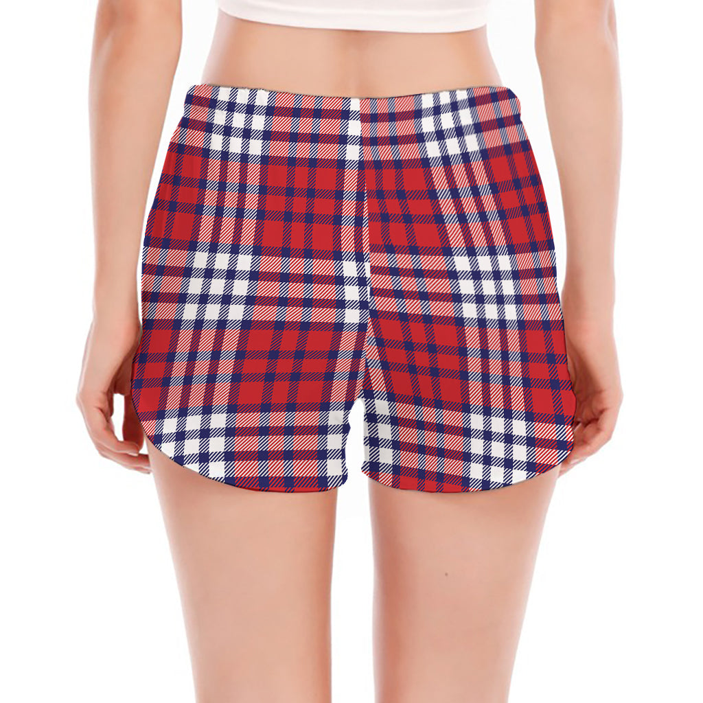 Blue Red And White USA Plaid Print Women's Split Running Shorts
