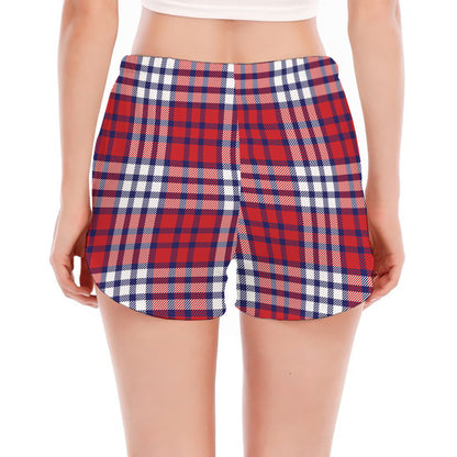 Blue Red And White USA Plaid Print Women's Split Running Shorts