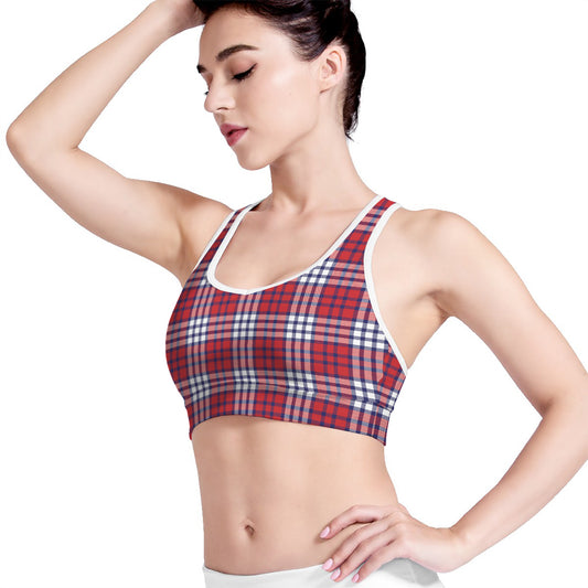 Blue Red And White USA Plaid Print Women's Sports Bra