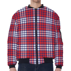 Blue Red And White USA Plaid Print Zip Sleeve Bomber Jacket