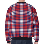 Blue Red And White USA Plaid Print Zip Sleeve Bomber Jacket