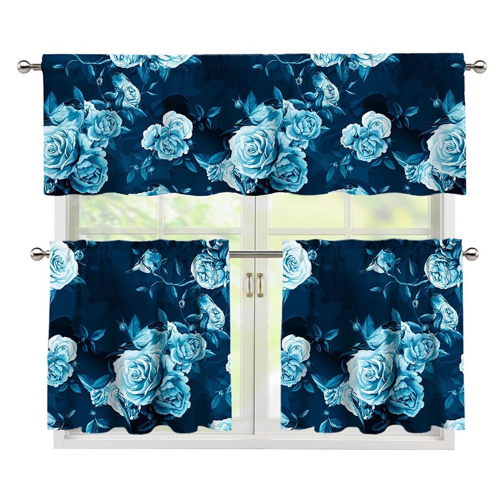 Blue Rose Floral Flower Pattern Print 3 Piece Kitchen Curtains