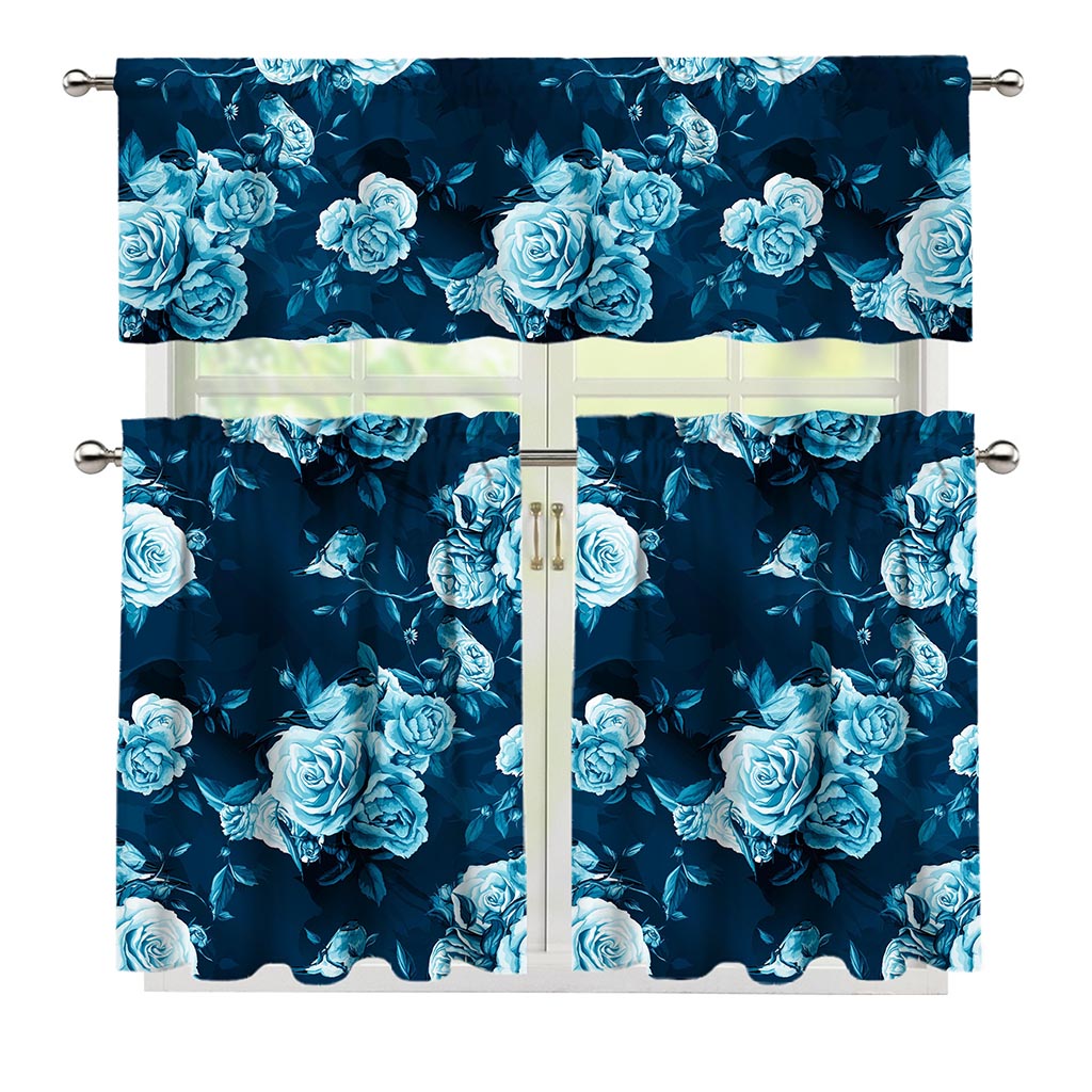Blue Rose Floral Flower Pattern Print 3 Piece Kitchen Curtains
