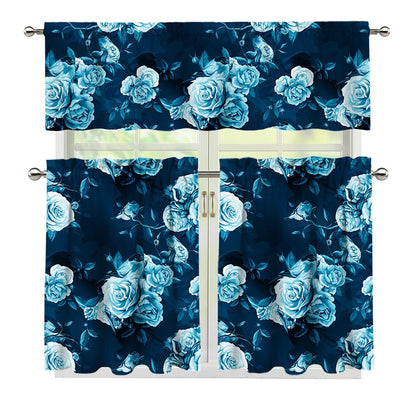 Blue Rose Floral Flower Pattern Print 3 Piece Kitchen Curtains