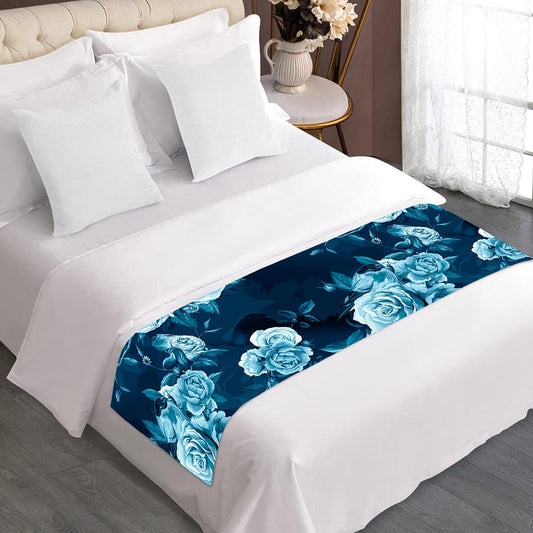 Blue Rose Floral Flower Pattern Print Bed Runner