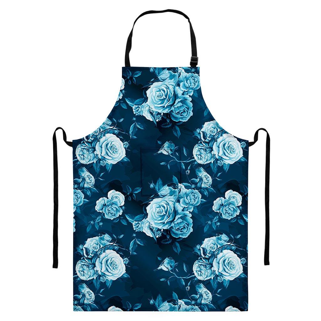 Blue Rose Floral Flower Pattern Print Bib Apron With Pocket