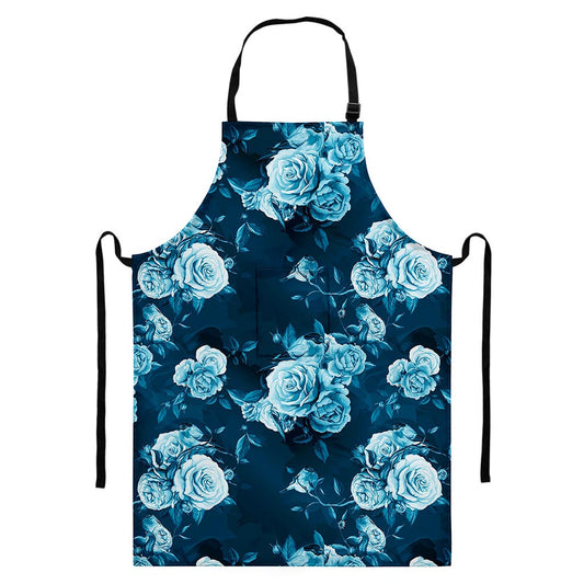 Blue Rose Floral Flower Pattern Print Bib Apron With Pocket