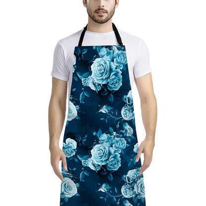 Blue Rose Floral Flower Pattern Print Bib Apron With Pocket