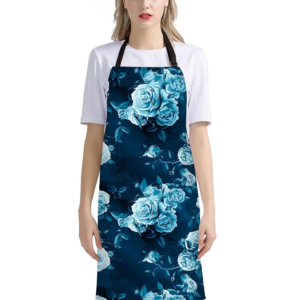 Blue Rose Floral Flower Pattern Print Bib Apron With Pocket