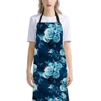 Blue Rose Floral Flower Pattern Print Bib Apron With Pocket