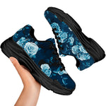 Blue Rose Floral Flower Pattern Print Black Chunky Shoes