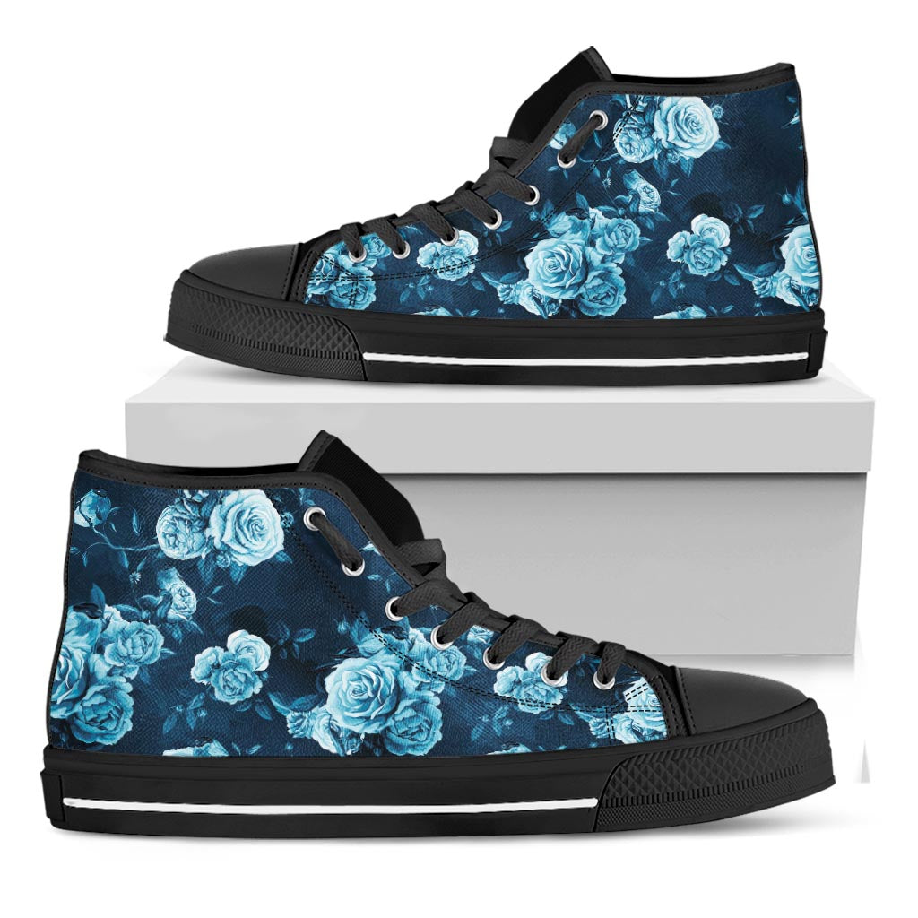 Blue Rose Floral Flower Pattern Print Black High Top Sneakers