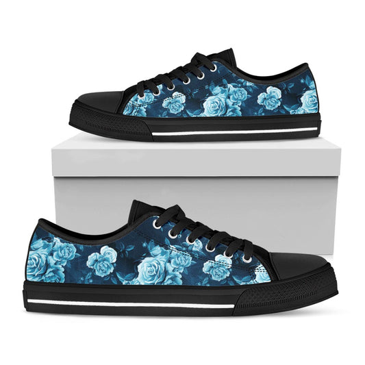 Blue Rose Floral Flower Pattern Print Black Low Top Sneakers