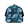 Blue Rose Floral Flower Pattern Print Black Mesh Trucker Hat
