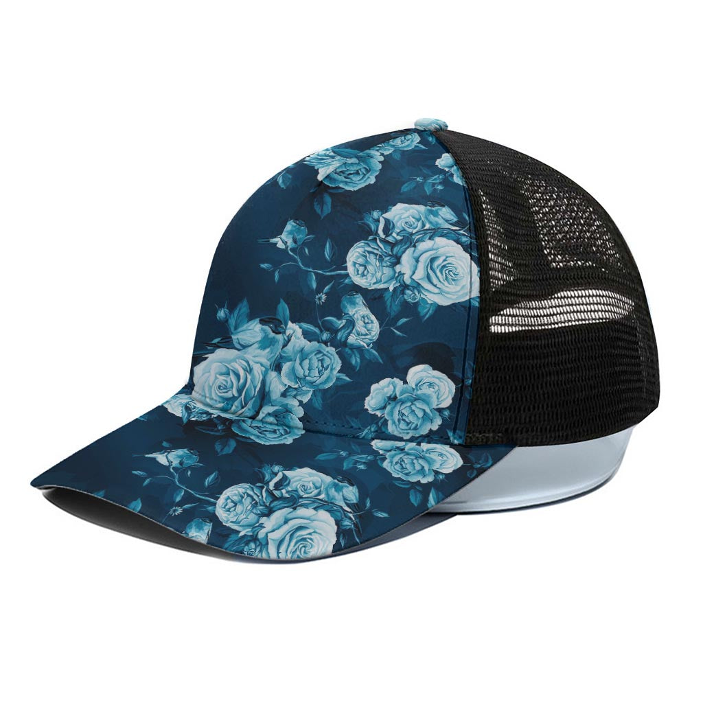 Blue Rose Floral Flower Pattern Print Black Mesh Trucker Cap