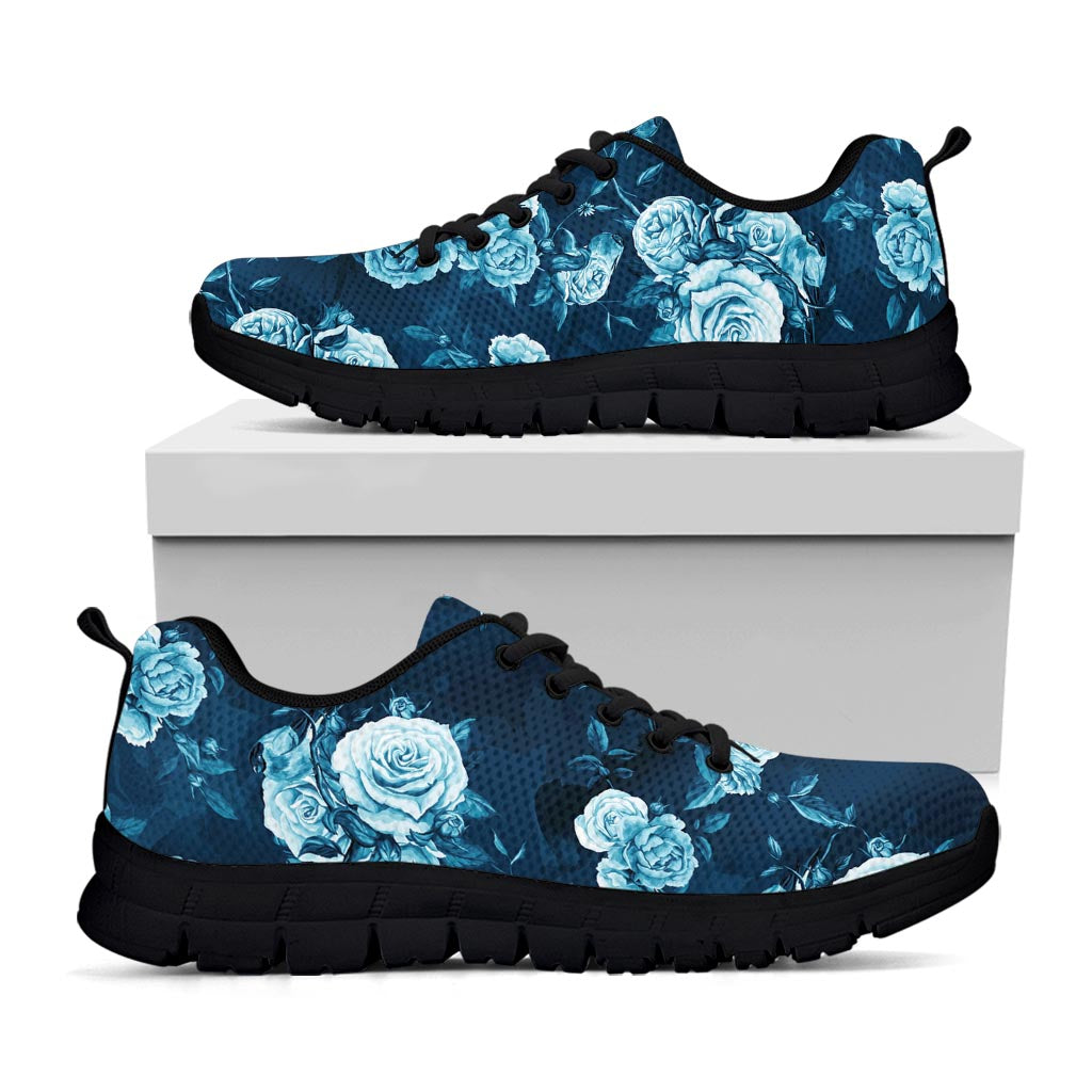 Blue Rose Floral Flower Pattern Print Black Running Shoes