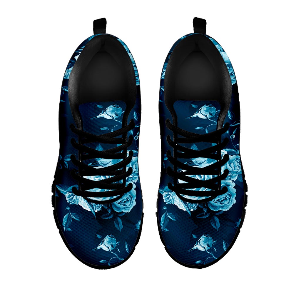 Blue Rose Floral Flower Pattern Print Black Running Shoes