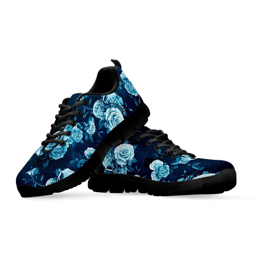 Blue Rose Floral Flower Pattern Print Black Running Shoes