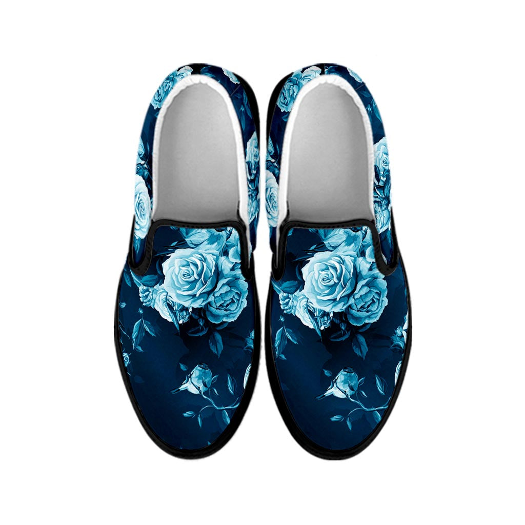 Blue Rose Floral Flower Pattern Print Black Slip On Sneakers