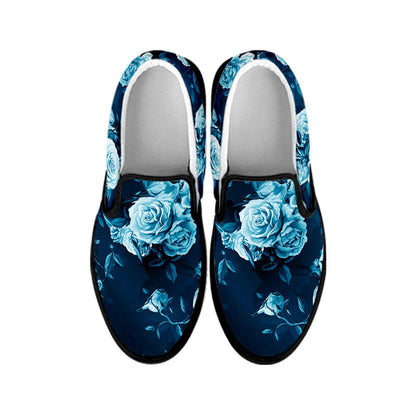Blue Rose Floral Flower Pattern Print Black Slip On Sneakers