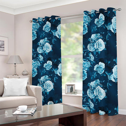 Blue Rose Floral Flower Pattern Print Blackout Grommet Curtains