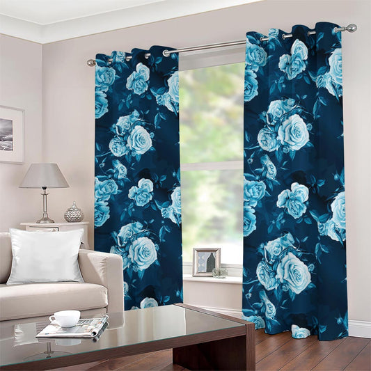 Blue Rose Floral Flower Pattern Print Blackout Grommet Curtains