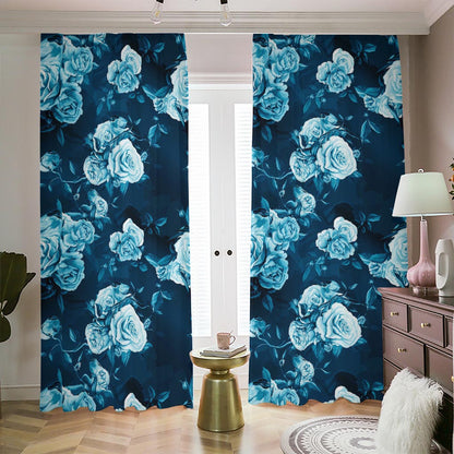 Blue Rose Floral Flower Pattern Print Blackout Pencil Pleat Curtains