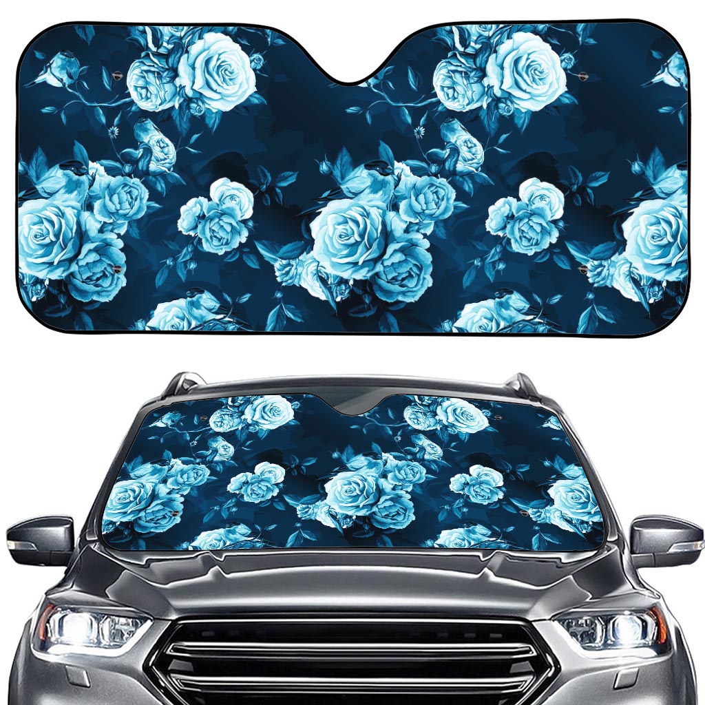 Blue Rose Floral Flower Pattern Print Car Windshield Sun Shade