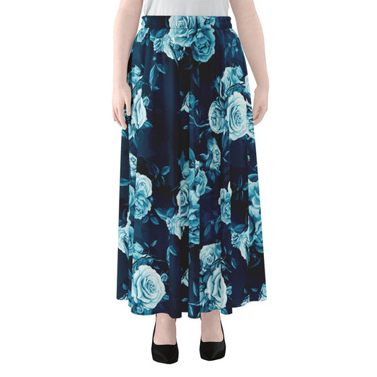 Blue Rose Floral Flower Pattern Print Chiffon Maxi Skirt