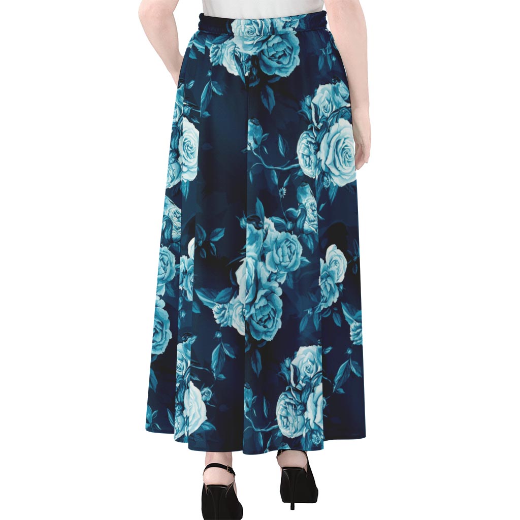 Blue Rose Floral Flower Pattern Print Chiffon Maxi Skirt