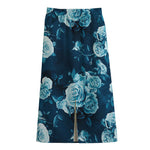 Blue Rose Floral Flower Pattern Print Cotton Front Slit Maxi Skirt