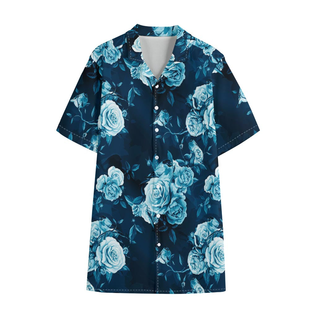 Blue Rose Floral Flower Pattern Print Cotton Hawaiian Shirt