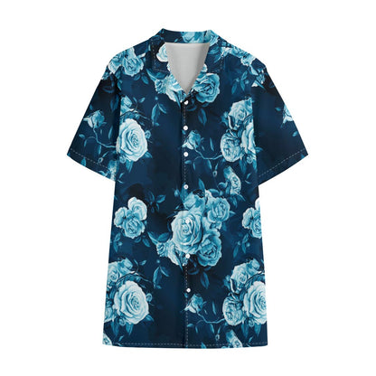 Blue Rose Floral Flower Pattern Print Cotton Hawaiian Shirt