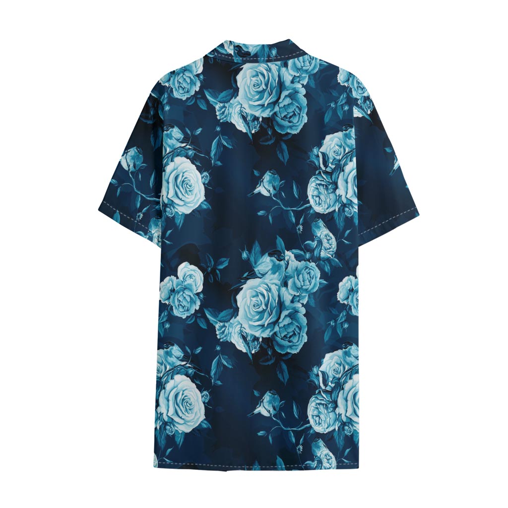 Blue Rose Floral Flower Pattern Print Cotton Hawaiian Shirt