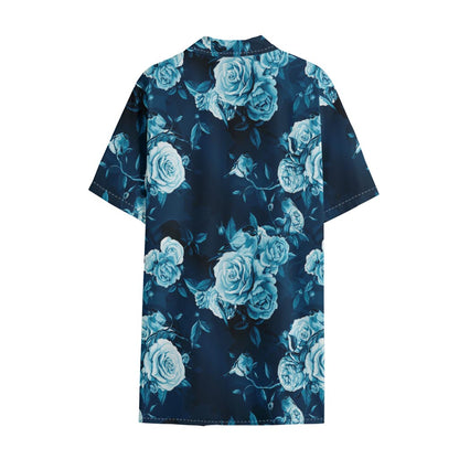 Blue Rose Floral Flower Pattern Print Cotton Hawaiian Shirt