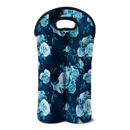 Blue Rose Floral Flower Pattern Print Double Neoprene Wine Tote