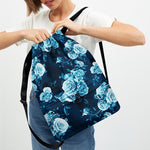 Blue Rose Floral Flower Pattern Print Drawstring Backpack