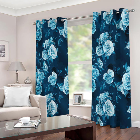 Blue Rose Floral Flower Pattern Print Extra Wide Grommet Curtains
