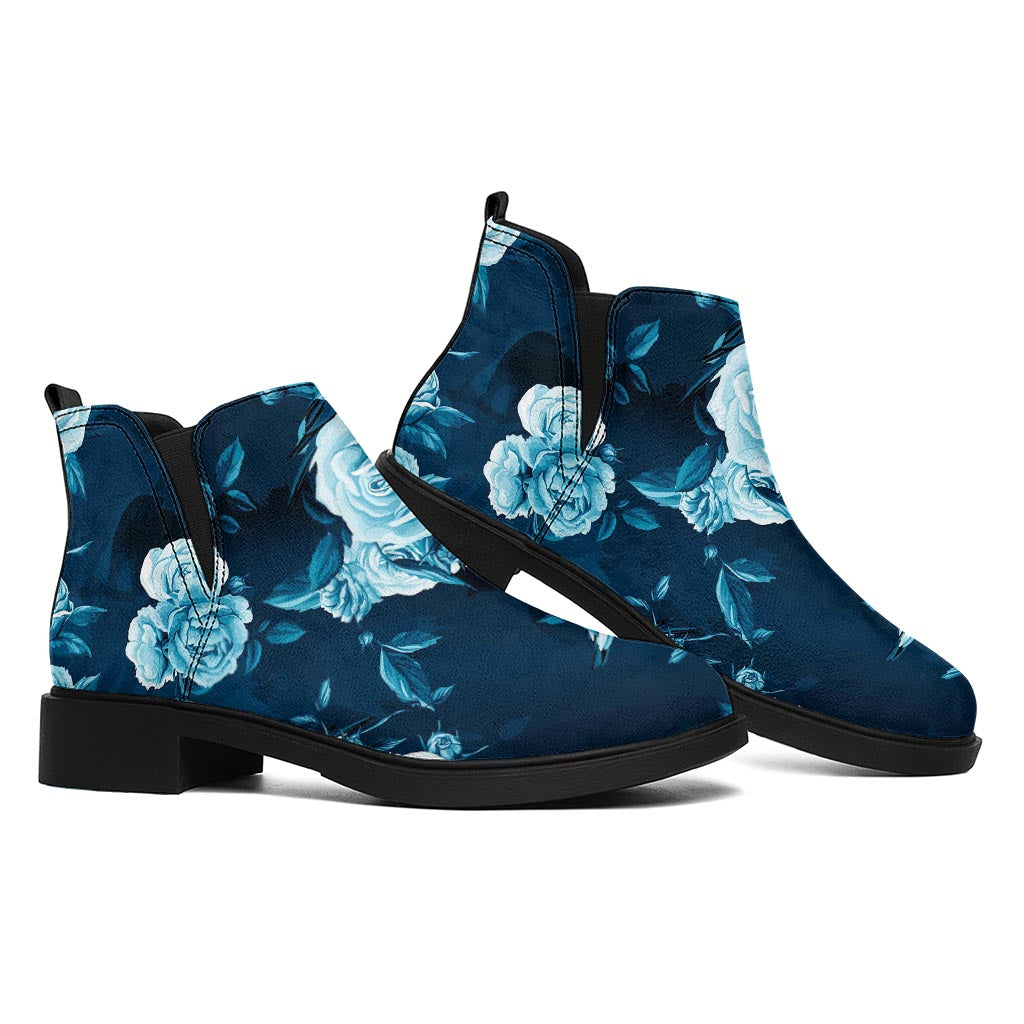 Blue Rose Floral Flower Pattern Print Flat Ankle Boots