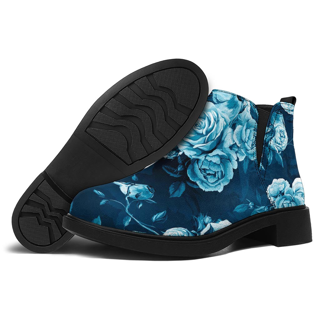 Blue Rose Floral Flower Pattern Print Flat Ankle Boots