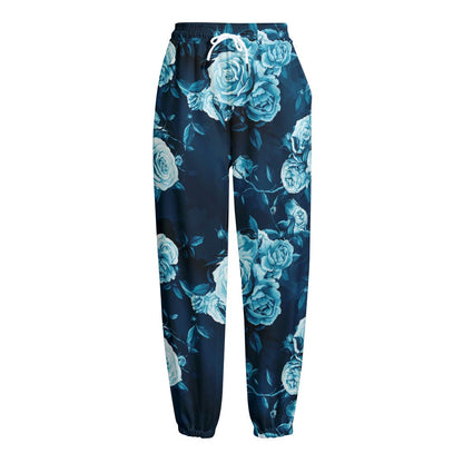 Blue Rose Floral Flower Pattern Print Fleece Lined Knit Pants