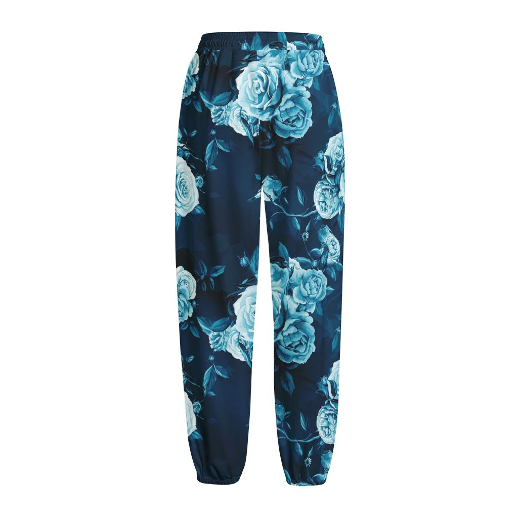 Blue Rose Floral Flower Pattern Print Fleece Lined Knit Pants