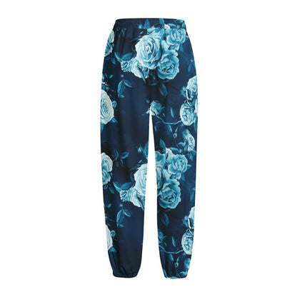 Blue Rose Floral Flower Pattern Print Fleece Lined Knit Pants