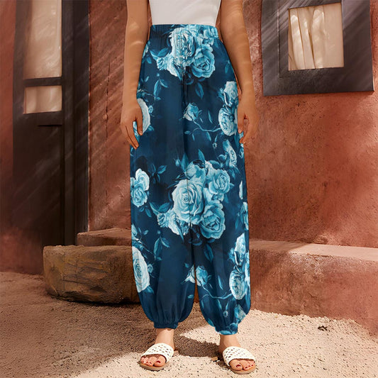 Blue Rose Floral Flower Pattern Print Harem Pants