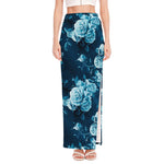 Blue Rose Floral Flower Pattern Print High Slit Maxi Skirt