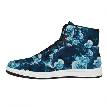 Blue Rose Floral Flower Pattern Print High Top Leather Sneakers